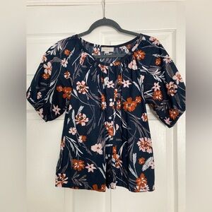 LOFT Navy and Orange Floral Blouse